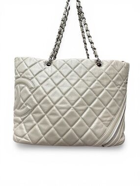 Chanel Cambon Ligne Tote Cream Lambskin | Quilted CC Chain Shoulder Bag (C8)